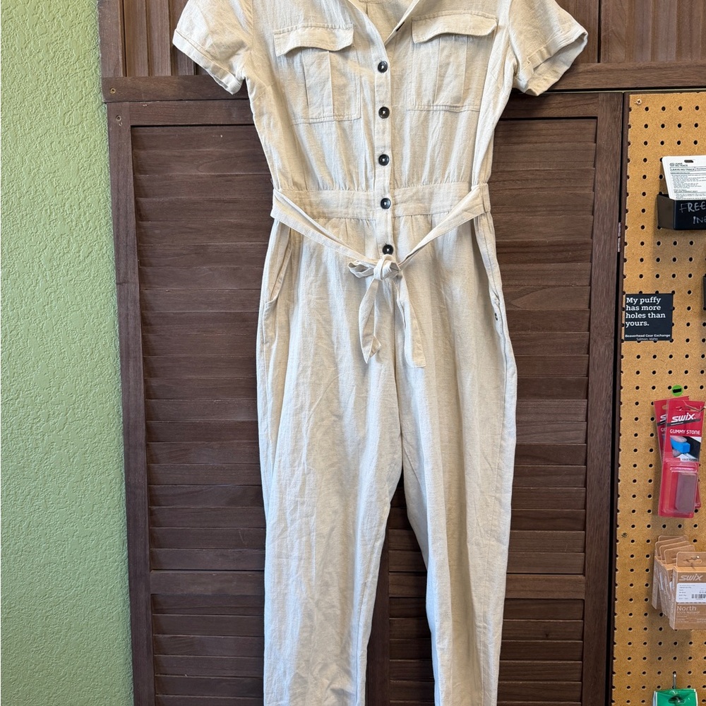 Roxy Women's Button-Front Short Sleeve Jumpsuit in Light Beige